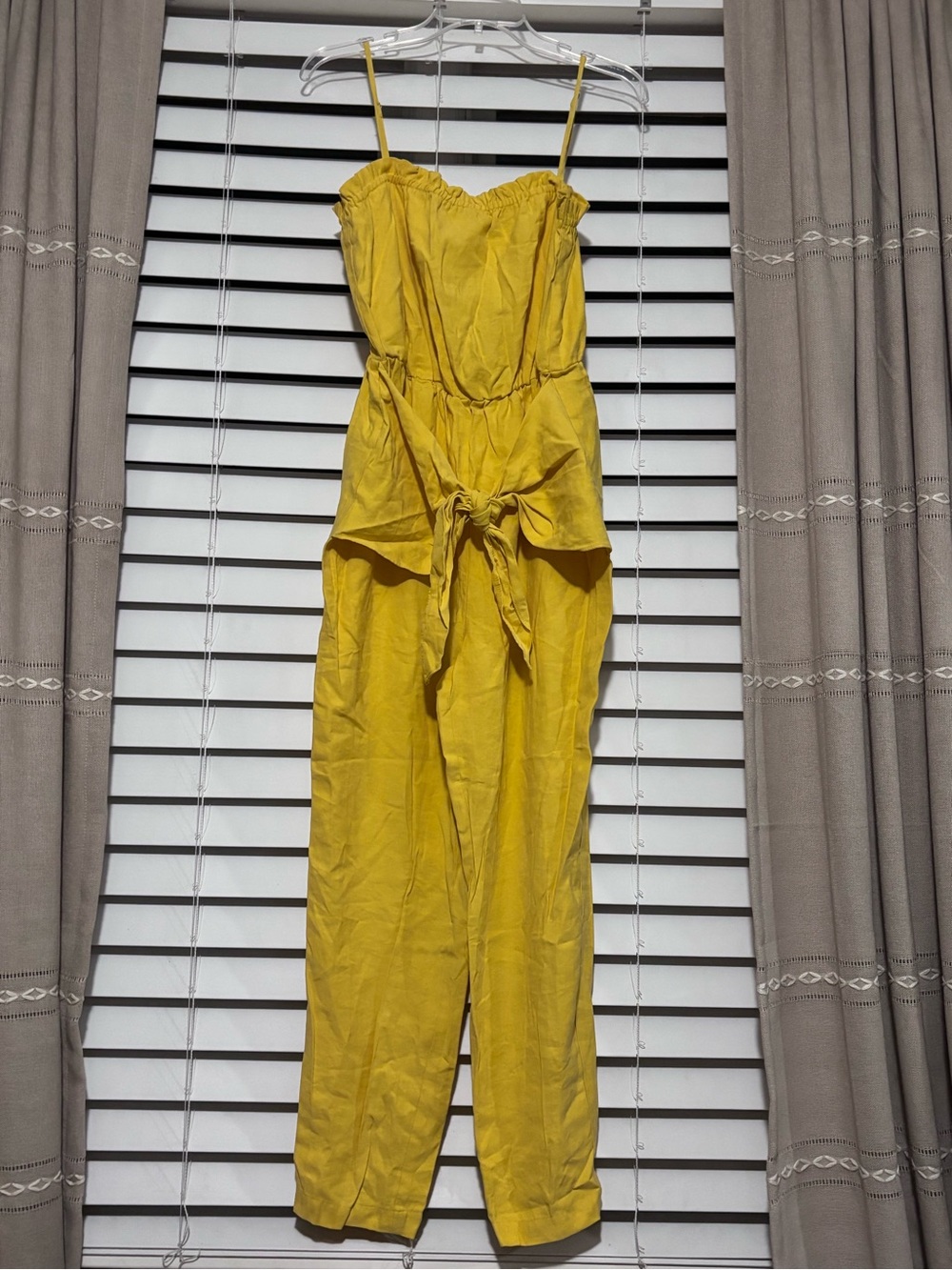 BCBGeneration Mustard Yellow Spaghetti Strap Tie-Waist Jumpsuit